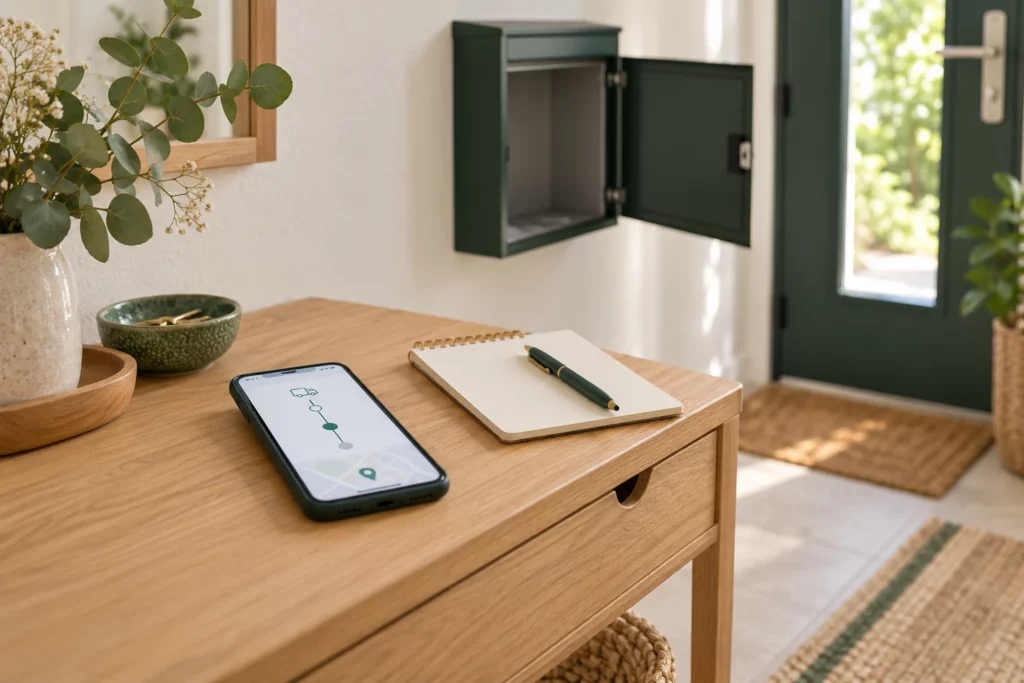 Téléphone de suivi de livraison posé sur une console, près d’une boîte aux lettres vide.
