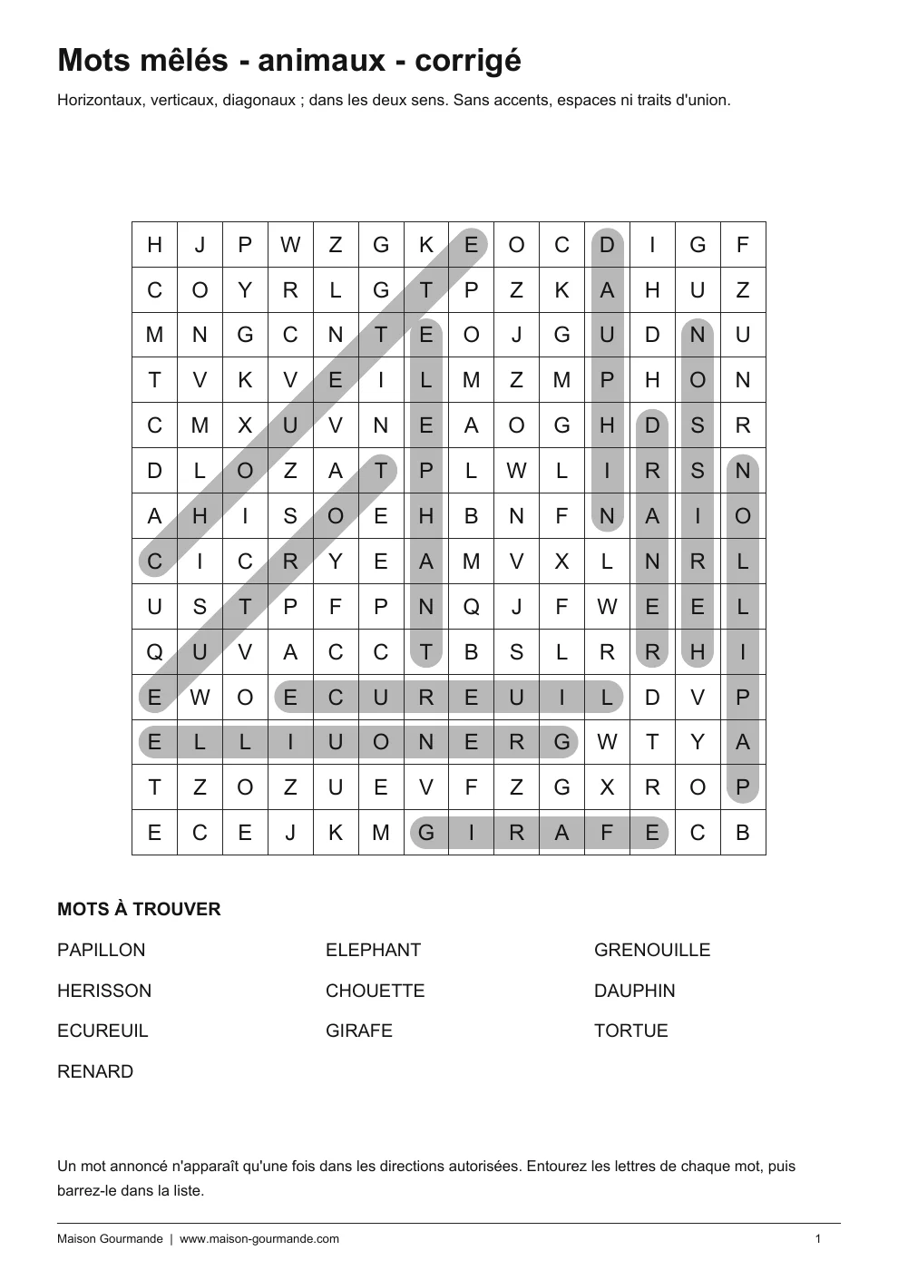 Mots mêlés - animaux exploration solution - page 1
