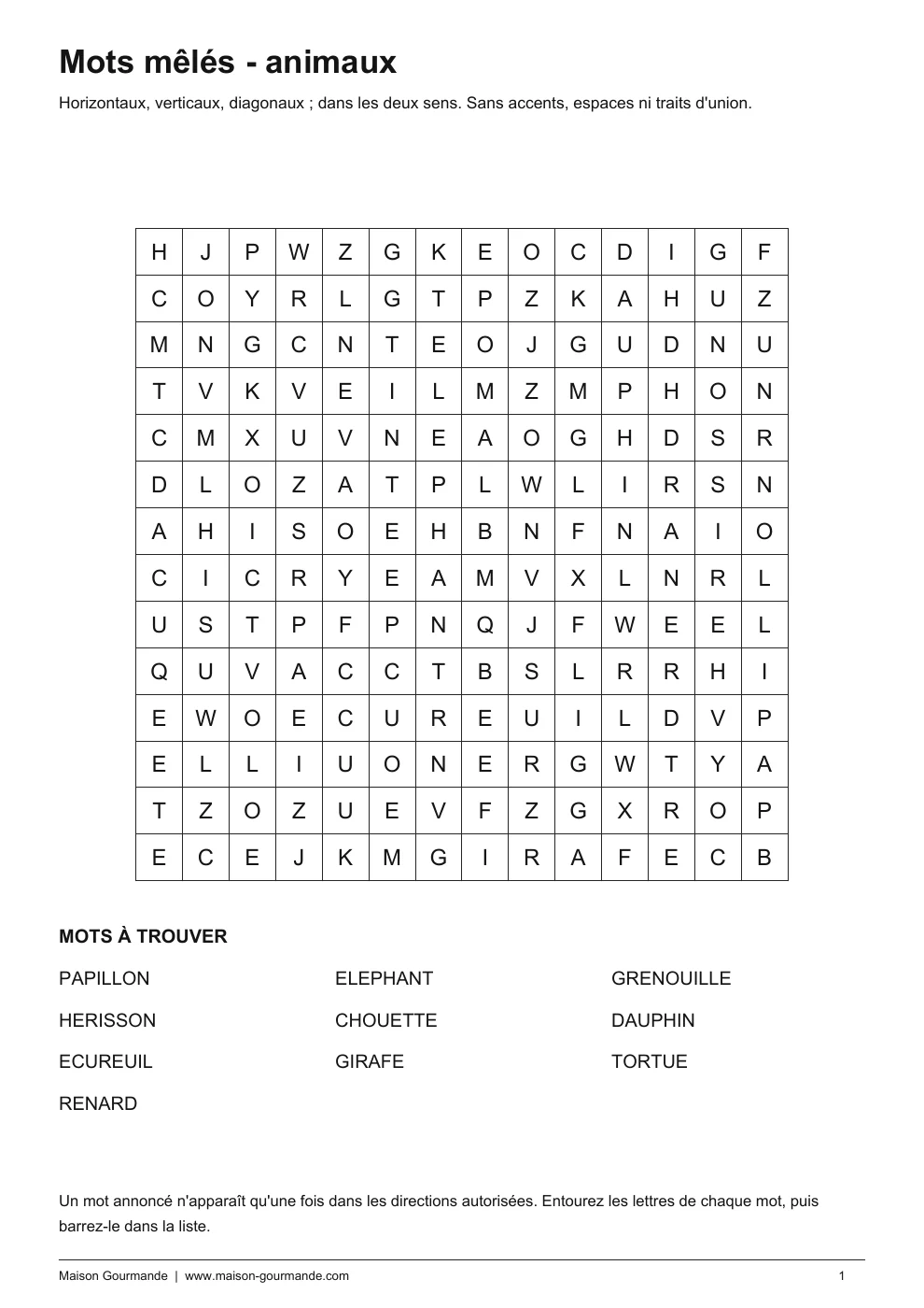 Mots mêlés - animaux exploration - page 1