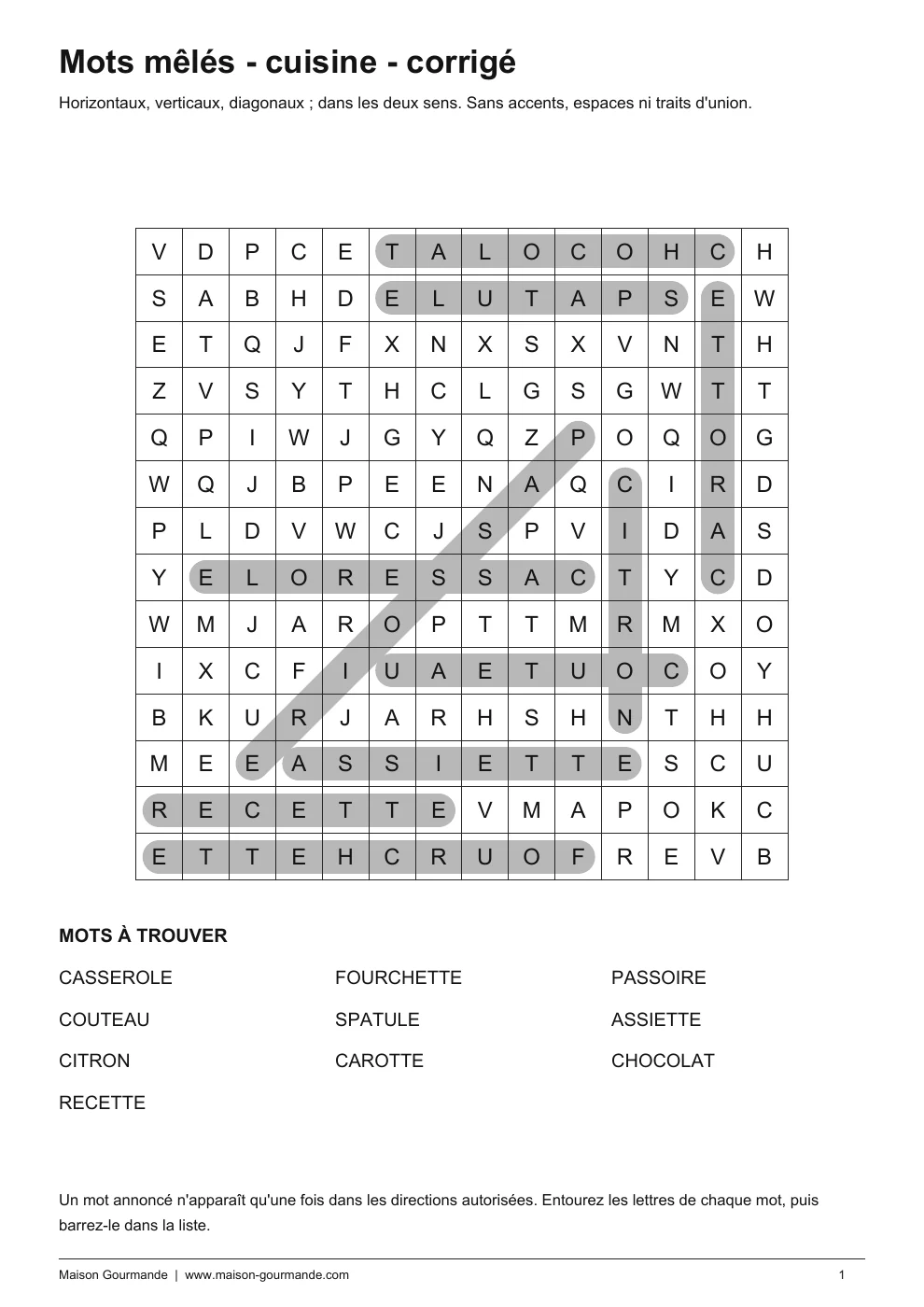Mots mêlés - cuisine exploration solution - page 1