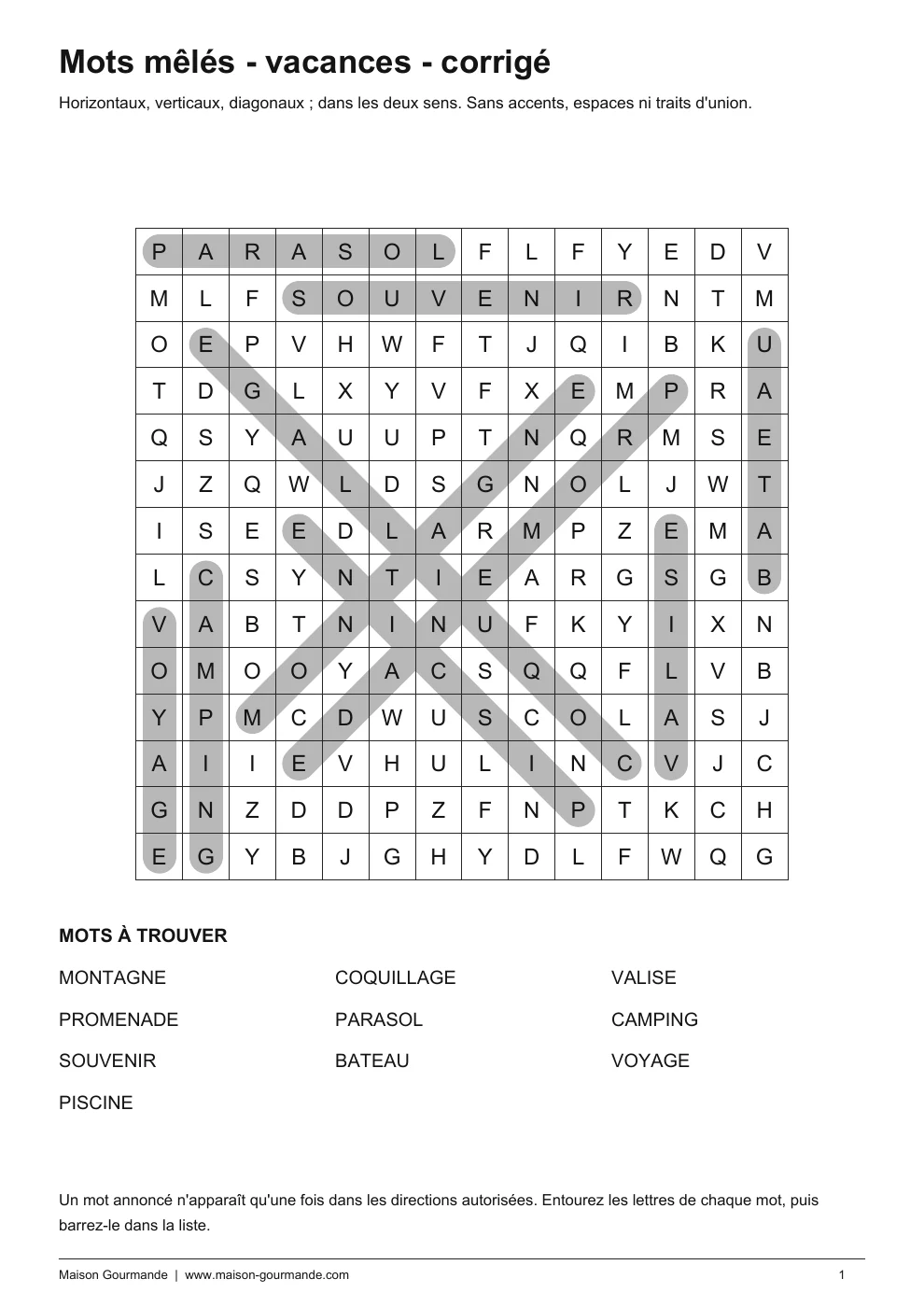 Mots mêlés - vacances exploration solution - page 1