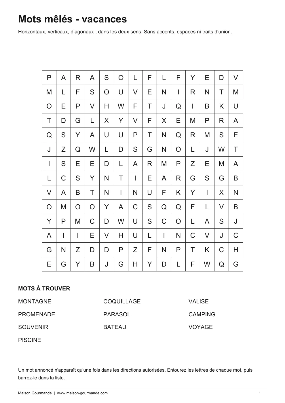 Mots mêlés - vacances exploration - page 1