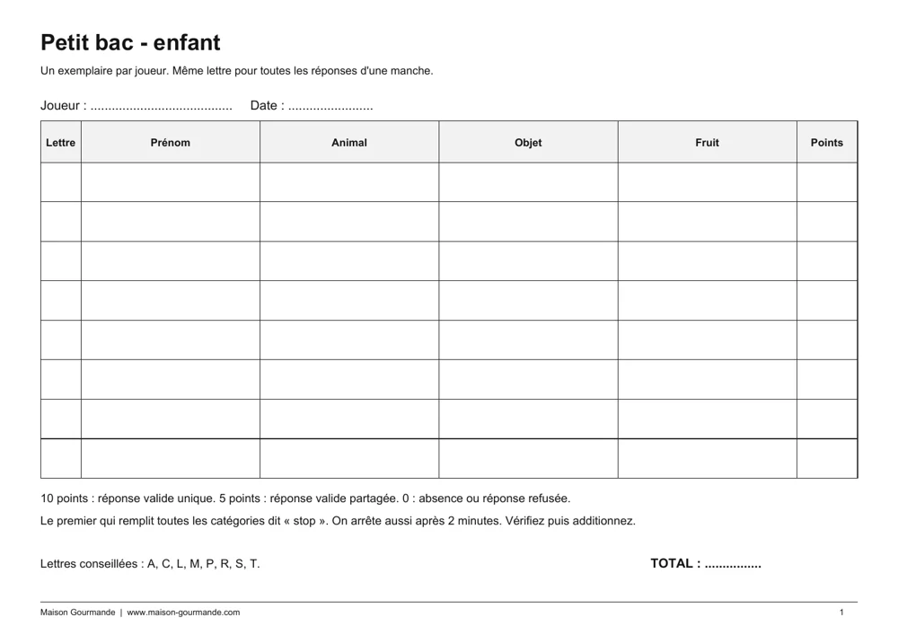 Petit bac - enfant - page 1